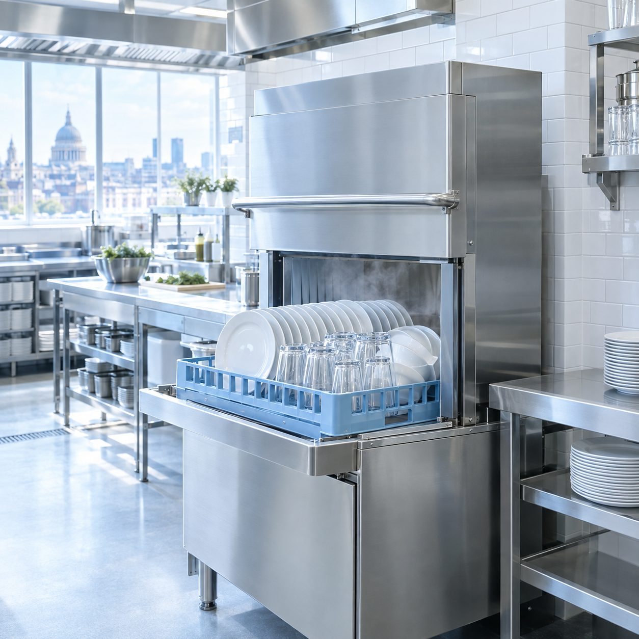 Commercial pass-through dishwasher with clean plates in a London restaurant kitchen